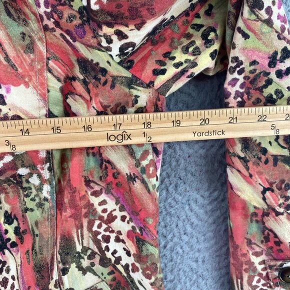 Chicos Jacket Womens 1 US Medium Green Red Multi Animal Print Shimmer Button Up - Picture 7 of 9